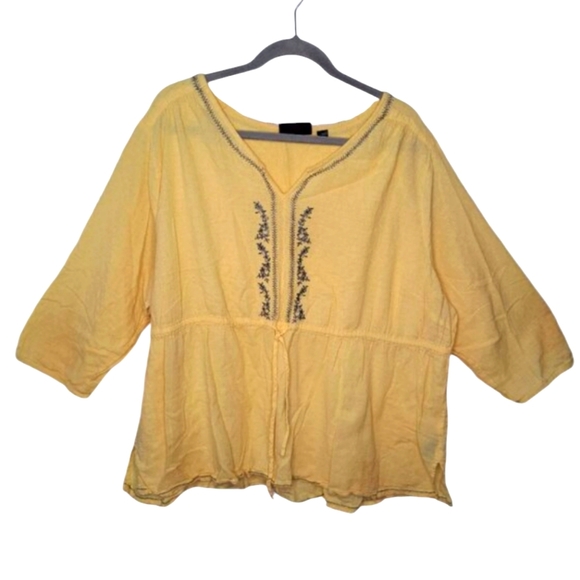Avenue Yellow Embroidered Peasant Blouse BoHo CottageCore Plus Size 30/32 - Picture 1 of 6